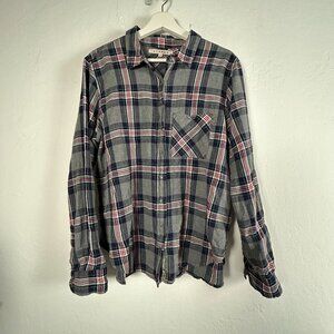 Xirena Womens Medium Plaid Button-Down Shirt Gray Navy Long Sleeve Cotton Blend